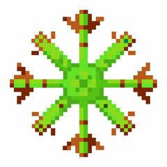 Pixel art green snowflake with eight arms, geometric symmetrical shape, digital retro game icon, isolated on white