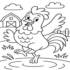 A lively cartoon rooster joyfully dances in the farmyard, drawn in a playful black-and-white outline for coloring.
