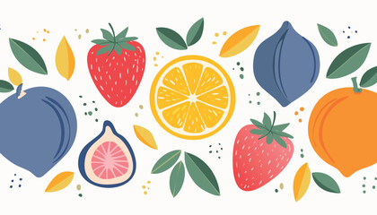 Collection of abstract fruit contemporary art print. Modern poster with hand drawn lemon, strawberry, fig, garnet, peach and orange. Trendy design for wallpaper, wall decor, postcard, cover,leaf, 