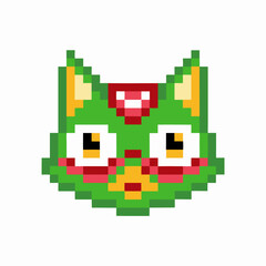Obraz premium Green pixel cat face with red markings, wide yellow eyes, and retro 8 bit for digital games, avatars, or icons