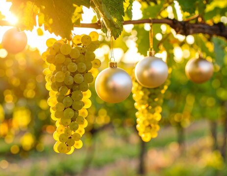 Decoraciones navide&ntilde;as colgando de un parr&oacute;n lleno de uvas