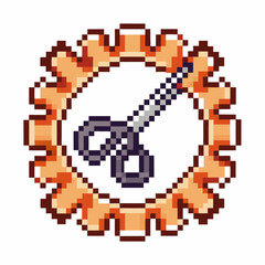 Obraz premium Pixel art scissors icon inside orange gear shape, retro digital tool symbol for settings, customization, editing, interface