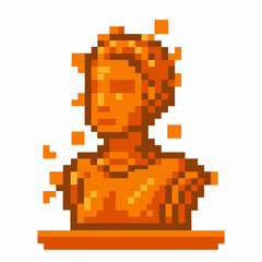 Obraz premium Pixel art orange statue bust dissolving into digital fragments abstract creative concept, classical sculpture, modern retro