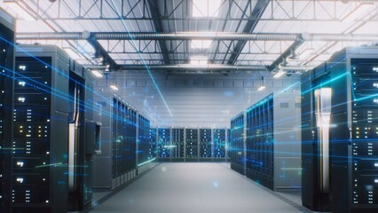 Modern Data Technology Center with Server Racks in Big Storage with VFX Animation. Animated...