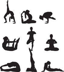 Yoga Poses Silhouettes, Vector Illustration Isolated on White Background.