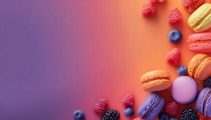 Colorful macarons and berries on gradient background