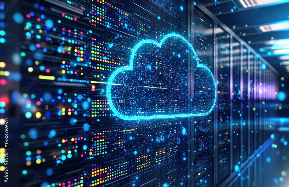 Aufkleber high-tech data center with glowing blue cloud icon and colorful data signals, ideal for cloud comput