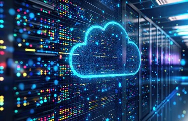 High-tech data center with glowing blue cloud icon and colorful data signals, ideal for cloud computing, AI systems, secure data storage, and digital network infrastructure