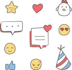 Cute sns emoji and emoticon doodles vector illustration. Clipart of like, love, party, star, bubble chat isolated hand drawn cartoon for asset, material, design, decoration