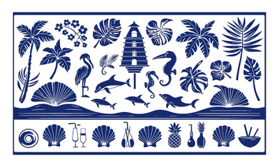 Obraz premium Scalable vector illustration inspired by a tropical and coastal motif using flat, variety of natural and nautical elements such as palm trees, tropical flowers, leaves, easily editable and scalable.