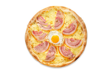 Carbonara Pizza with Bacon and Egg on White Background