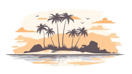 Obraz premium Serene sunset over a tropical island with palm trees, calm water reflecting the sky, and a few birds in flight
