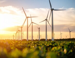 Turbinas eólicas en un campo al atardecer.