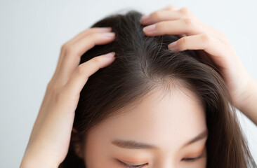 Naklejka premium Close-up of Korean woman gently parting hair to reveal thinning area