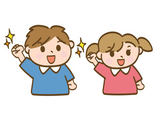 ガッツポーズで気合いをいれる男の子と女の子のイラスト