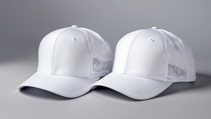 Two white baseball caps isolated on a gray background front and back view, white trucker hat mock up and template