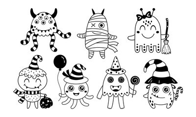 Halloween monster isolated black and white clipart set. Cute spooky seasonal elements, Halloween character, Happy Halloween hand drawn vector illustration in flat style