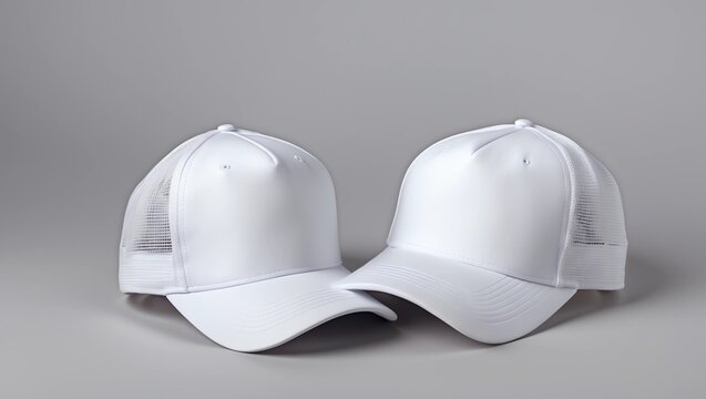 Two white baseball caps isolated on a gray background front and back view, white trucker hat mock up and template