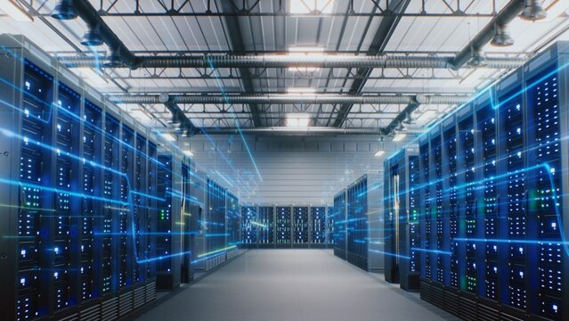 Modern Data Technology Center with Server Racks in Big Storage with VFX Animation. Animated Visualization of Data Flow, Internet Traffic on Servers. Digitalization and Internet of Things. Dolly Shot.