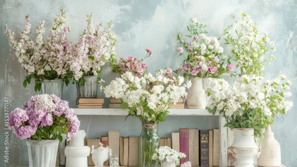 Poster a shelf displaying multiple vases filled with fresh flowers, ideal for home decor or office use