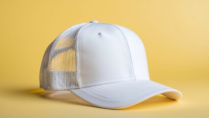 White baseball cap mockup. Blank trucker hat isolated on yellow background 