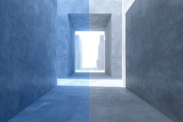 Abstract architectural corridor with textured concrete walls and floor, illuminated by bright natural light creating calm and serene atmosphere with cool blue and gray tones