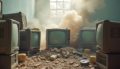 Old Television Set in Abandoned Room with Rubble and Smoke