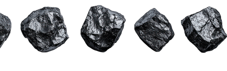 Series of raw, shiny coal chunks on a black background