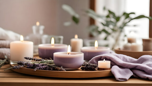 A cozy and serene self-care scene with lit scented candles, dried lavender, essential oil bottles, ceramic aroma diffuser releasing steam, placed on a wooden tray with a soft towel