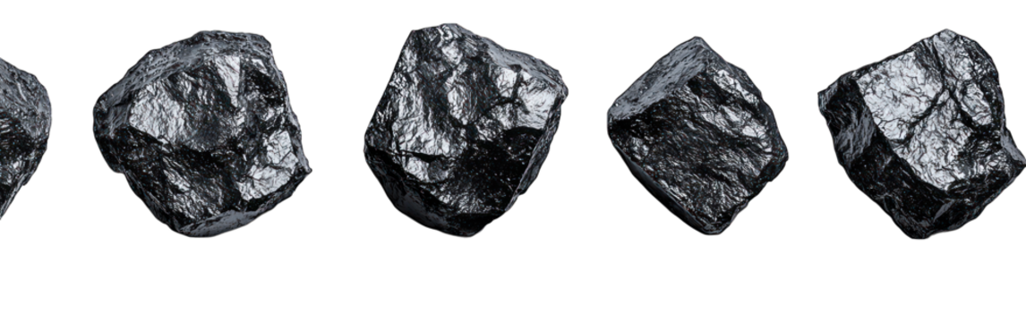 Series of raw, shiny coal chunks on a black background