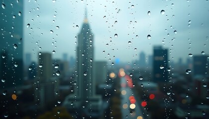 Rain Drops on Window with City View