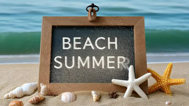 Welcome summer with a beach display featuring shells and starfish at the shoreline