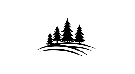 Obraz premium Minimalist Black and White Logo Design Featuring Three Stylized Evergreen Trees on Gently Curved Hilltop in Line Art Silhouette