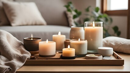 A cozy, minimalist self-care corner in a modern home, featuring a lit soy candle, an open book, herbal tea in a ceramic cup, and natural skincare products neatly arranged on a wooden tray