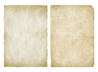 Vintage old paper with aged, textured surfaces and irregular torn edges. Antique historical worn parchment sheets background	