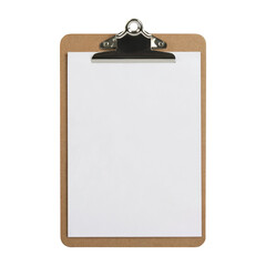 A brown clipboard with a blank white paper