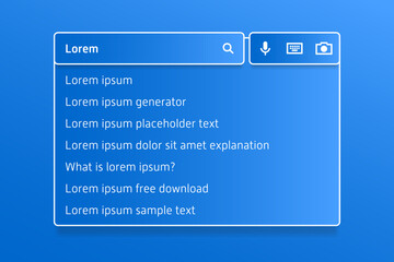 Search bar UI mockup with suggested queries about &ldquo;Lorem ipsum,&rdquo; featuring icons for voice, keyboard, and visual search in a clean digital layout.