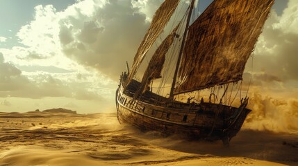 A weathered ship adrift in a sandy desert landscape.