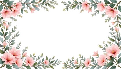 Fototapeta premium Vintage floral border with soft pastel roses, peonies, and leaves on white background. Perfect for wedding invitations, greeting cards, and elegant designs with space for text in the center.