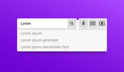Search bar mockup with typed word “Lorem” and suggested queries, featuring icons for voice, text, and image input on a gradient purple background.
