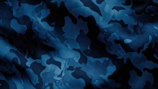 A close-up view of blue camouflage fabric with intricate patterns and textures