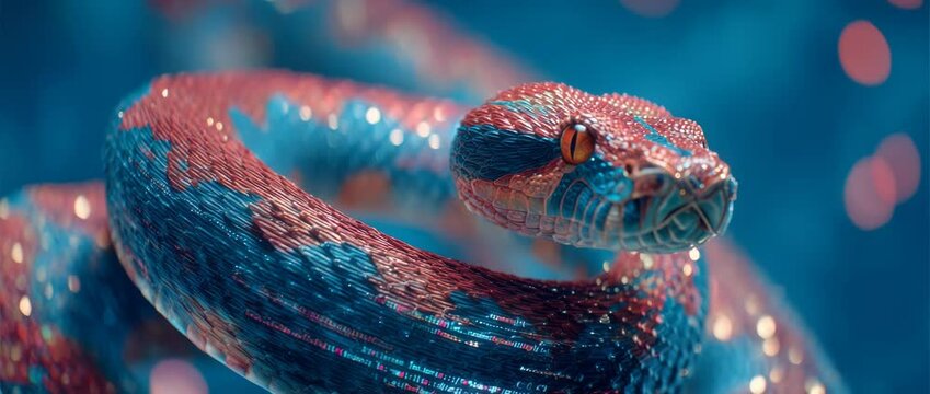 Digital Snake with Textured Scales Coiled Against Bokeh Lights Background Loop