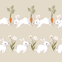 Cute White Rabbits Vector Seamless Horizontal Borders Set