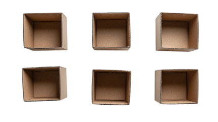 Six empty brown cardboard boxes on a black background