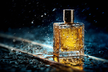 Golden liquid fragrance in a glass bottle, glistening with water droplets and a metallic top. Studio shot.