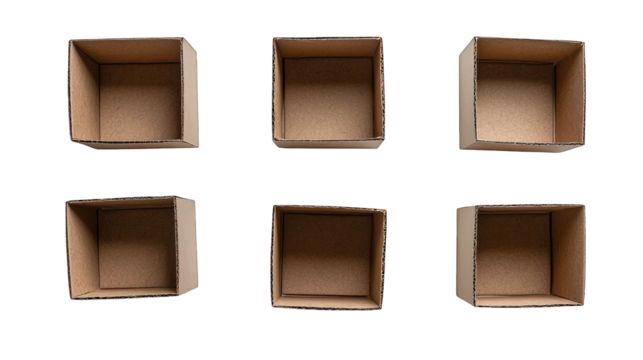 Six empty brown cardboard boxes on a black background