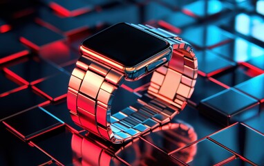 Smartwatch with metallic strap on futuristic grid surface in red and blue lighting.