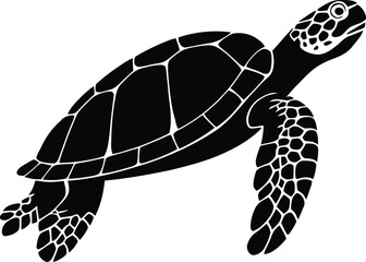 A Minimalist Black Sea Turtle Profile Illustration with Flippers, turtle on a white background