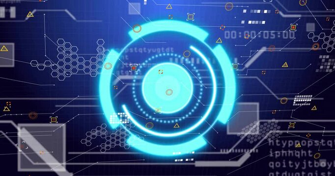 Timer ticking initiating holographic interface rotating cyan rings and orbiting nodes scanning data