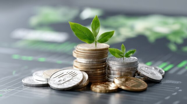 global economy employment sustainability. Green plants growing from stacks of coins, symbolizing financial growth and sustainability. - Powered by Adobe